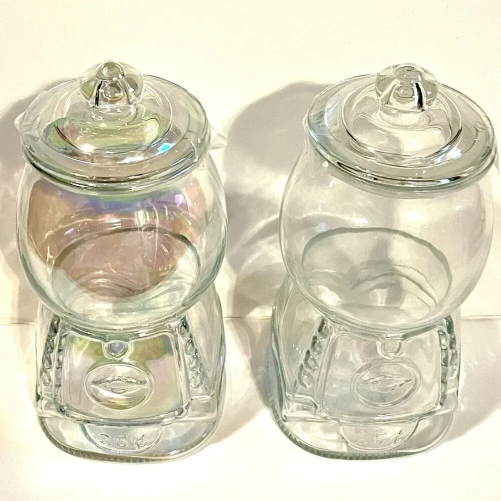 NEW Set of 2 Gumball Machine Clear Iridescent Glass Jar Storage